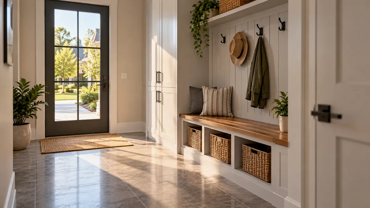 A tidy mudroom in a clean new home, bench and hooks wiped down and the tile floor mopped, lit through the side door glass