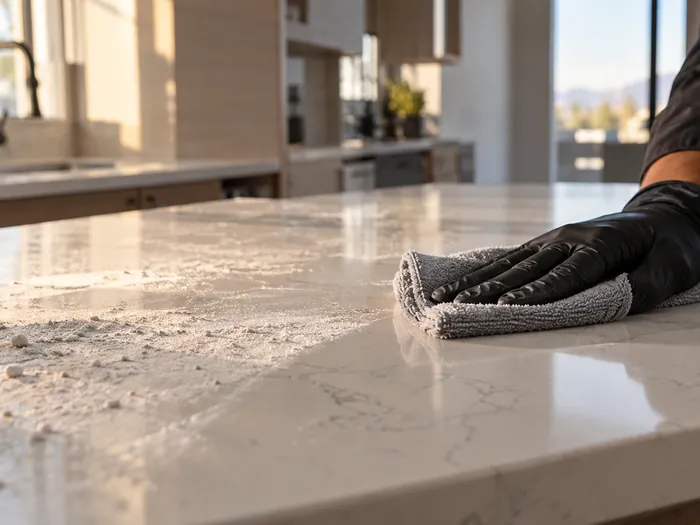 Close-up of a microfiber cloth wiping a new quartz countertop, a clean strip showing beside a film of fine drywall dust, a spray bottle at the edge of the frame