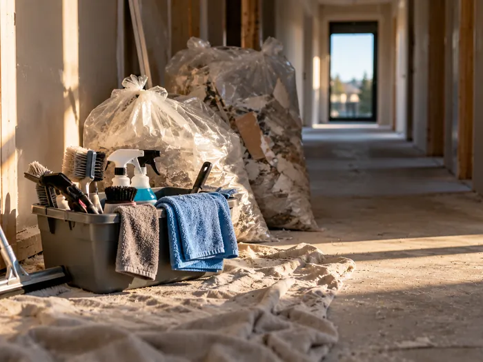 A caddy of brushes and cloths with a squeegee beside it on a drop cloth in an unfinished hallway, next to bagged construction debris waiting to go out