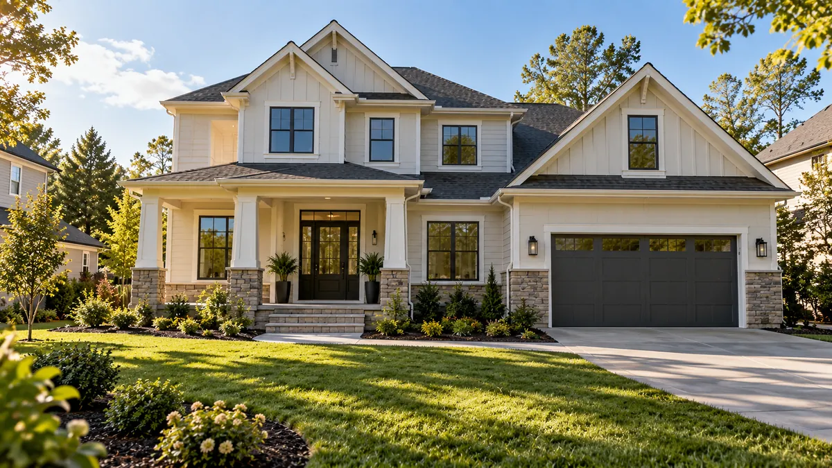 A wide front view of a finished new single-family home at mid-morning, every window clean and the front steps swept