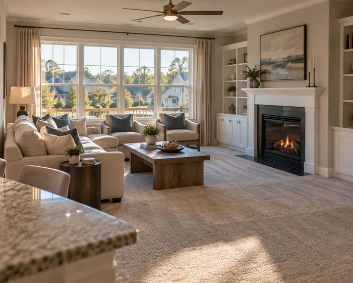 The family room of a furnished model home with vacuumed carpet and clean fireplace glass