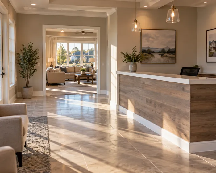 A builder sales center with a wiped reception counter and a mopped tile floor