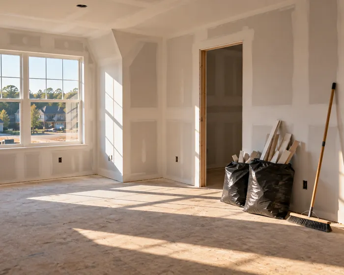 An unfinished new-home bedroom with the subfloor swept and debris bagged by the door