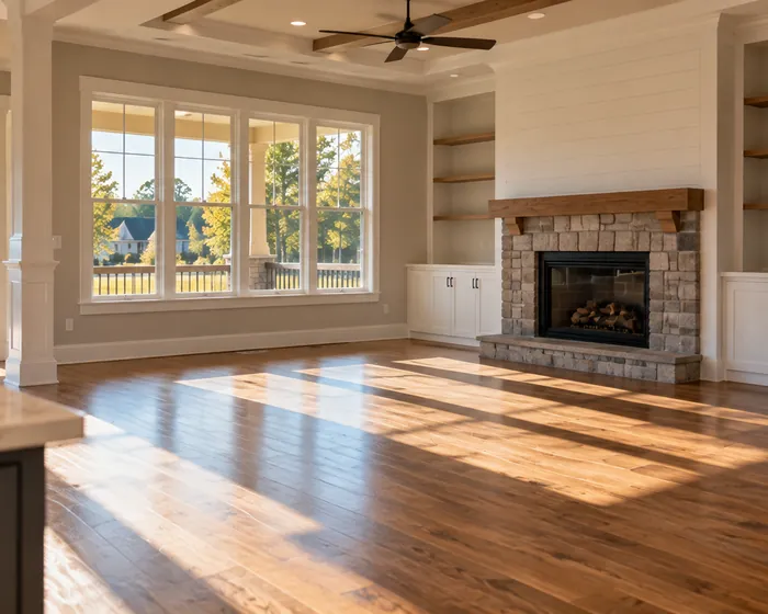 An empty new great room with clean window glass and a dust-free hardwood floor