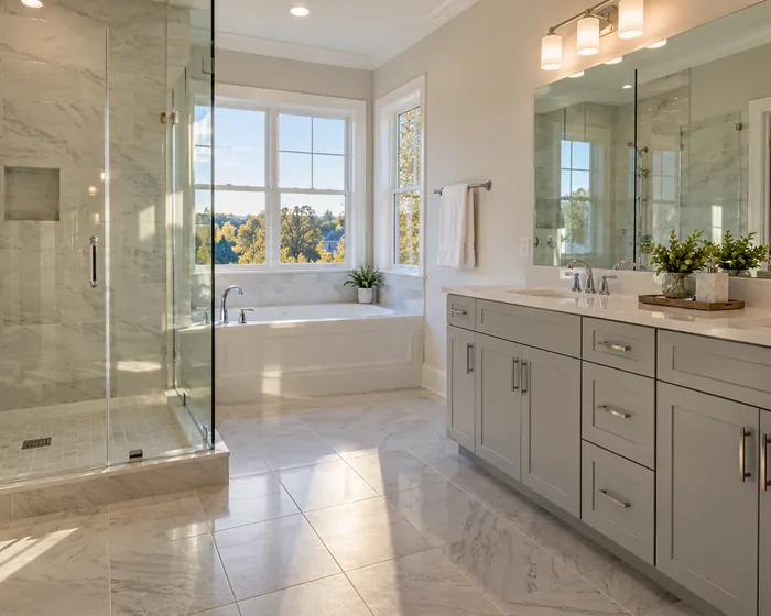 A finished primary bathroom in a new home with a clean glass shower and a dry vanity