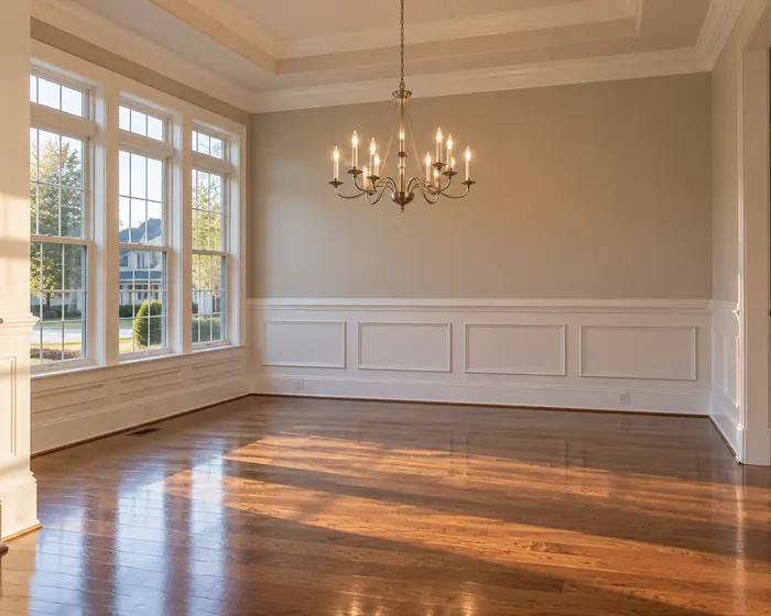 A dining room in a listed home with a dusted chandelier and streak-free window glass
