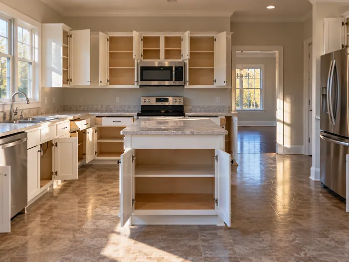 Empty kitchen cabinets wiped out inside with the drawers open in a vacated home