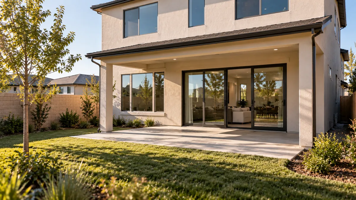 The back of a newly finished home seen from the yard at midday, sliding glass door and windows spotless with the construction stickers gone, patio swept clean